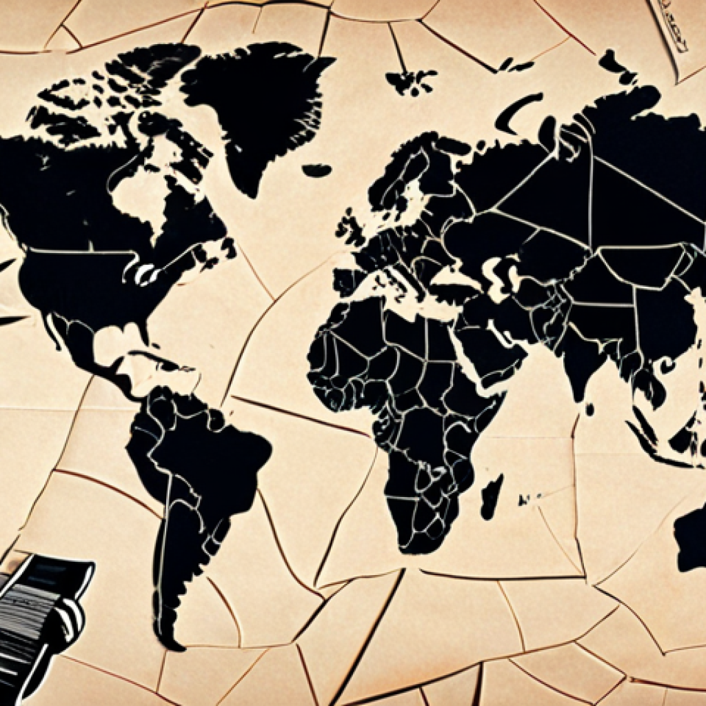 **A digital collage representing a confusing global map made of fragmented legal documents and NFT artworks.  The map is cracked and broken, symbolizing the challenges of international NFT regulation.  Incorporate subtle elements representing different countries like the Colosseum (Italy) and the Statue of Liberty (USA).**