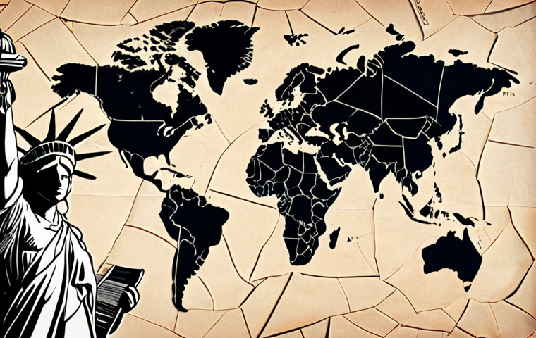 **A digital collage representing a confusing global map made of fragmented legal documents and NFT artworks.  The map is cracked and broken, symbolizing the challenges of international NFT regulation.  Incorporate subtle elements representing different countries like the Colosseum (Italy) and the Statue of Liberty (USA).**