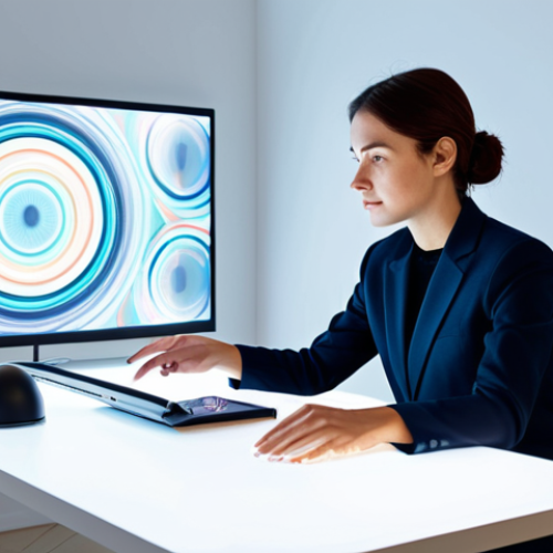 Home 22 A focused digital artist, a woman in a modest, contemporary blazer and professional trousers, seated at a sleek, minimalist desk. She is deeply engaged with a large holographic screen displaying intricate digital artwork in vibrant, abstract colors, demonstrating her unique style and vision. The modern studio is bright and organized, with subtle geometric patterns on the walls. Light from the screen casts a soft glow on her face, highlighting her creative concentration. Perfect anatomy, correct proportions, natural pose, well-formed hands, proper finger count, natural body proportions. Safe for work, appropriate content, fully clothed, professional, family-friendly.