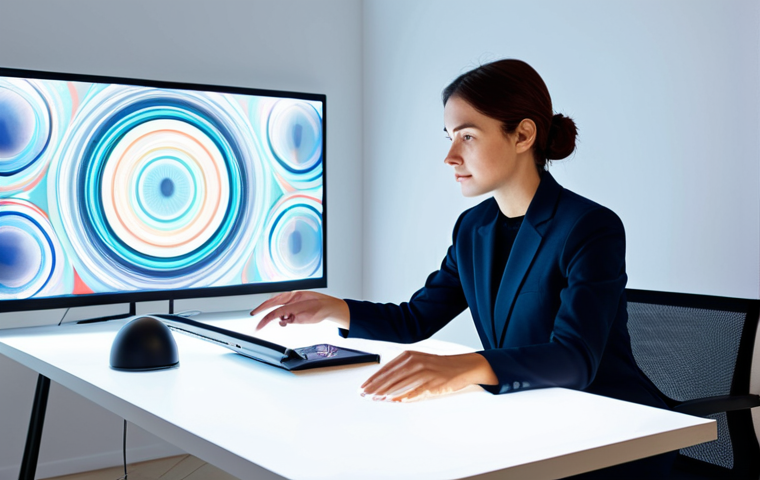 A focused digital artist, a woman in a modest, contemporary blazer and professional trousers, seated at a sleek, minimalist desk. She is deeply engaged with a large holographic screen displaying intricate digital artwork in vibrant, abstract colors, demonstrating her unique style and vision. The modern studio is bright and organized, with subtle geometric patterns on the walls. Light from the screen casts a soft glow on her face, highlighting her creative concentration. Perfect anatomy, correct proportions, natural pose, well-formed hands, proper finger count, natural body proportions. Safe for work, appropriate content, fully clothed, professional, family-friendly.