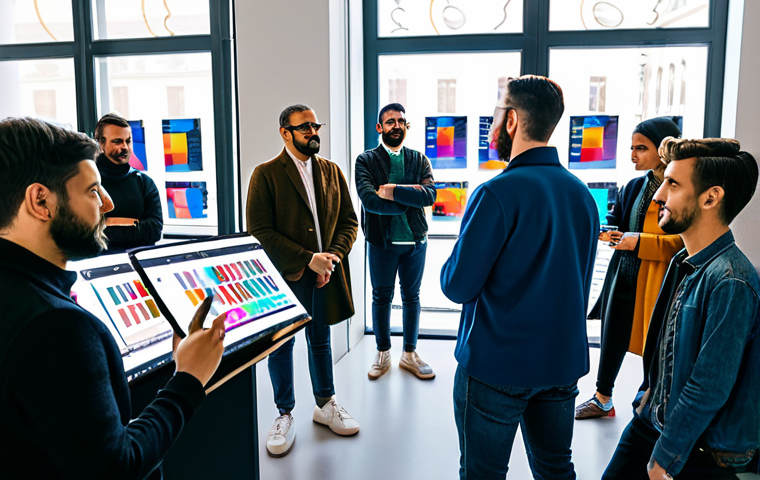NFT Community Event**
"A diverse group of people, fully clothed in stylish but modest Italian fashion, gathered in a modern, brightly lit co-working space in Milan, Italy, discussing digital art and blockchain technology. Some are looking at tablets displaying NFT art. Background includes colorful posters and monitors showing crypto charts. Safe for work, appropriate content, professional, family-friendly, perfect anatomy, correct proportions, natural pose, well-formed hands, proper finger count, natural body proportions, high quality."
**